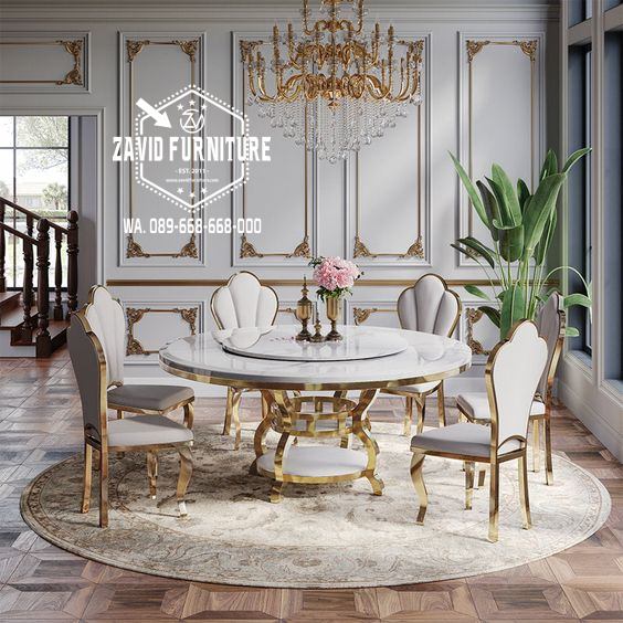 meja makan bulat mewah marmer putih kekinian - Jual Meja Makan Bulat Mewah Putar Marmer Putih Carrara Stainless Gold Desain Elite