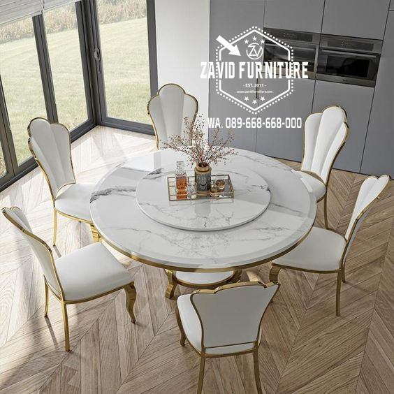 meja makan bulat mewah marmer putih stainless gold - Jual Meja Makan Bulat Mewah Putar Marmer Putih Carrara Stainless Gold Desain Elite