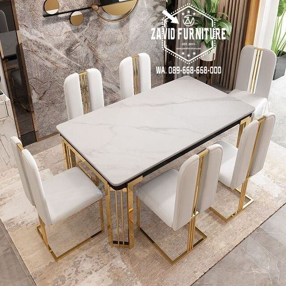 meja makan marmer set kursi sandaran tinggi kaki stainless - Meja Makan Marmer Set 6 Kursi Sandaran Tinggi Kaki Stainless Cantik